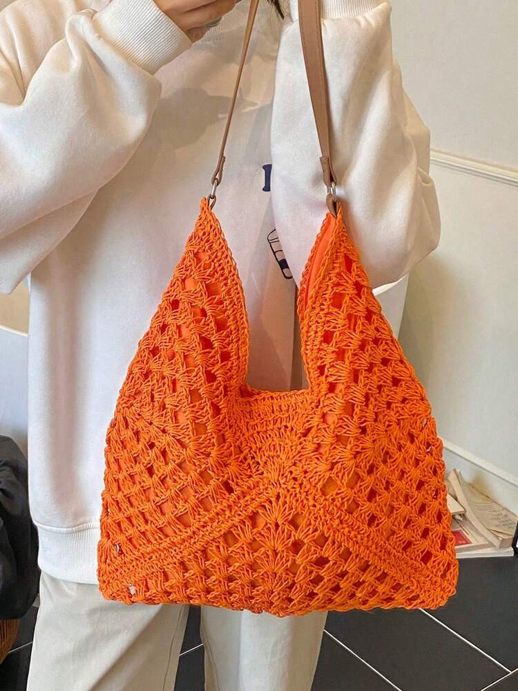 Dedoo Spring And Summer Fashionable Large-Capacity Holiday Style Hollow Straw Tote Bag Bohemian Style Woven Shoulder Bag Casual And Retro Romantic Style Three Colors Intertwined With Diagonal Geometric Patterns, Visually Full Of Layering, Bright Yet Gentle. Suitable For Travel, Beach, Summer Outings, Shopping, And Gifts., Boho | SHEIN