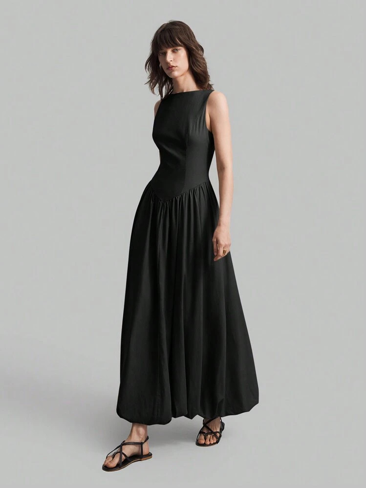 Ontre 2025 New Style Women's Dress, Boat Neck Waist-Cinched Sleeveless Black Business Dress, Eleg... | SHEIN