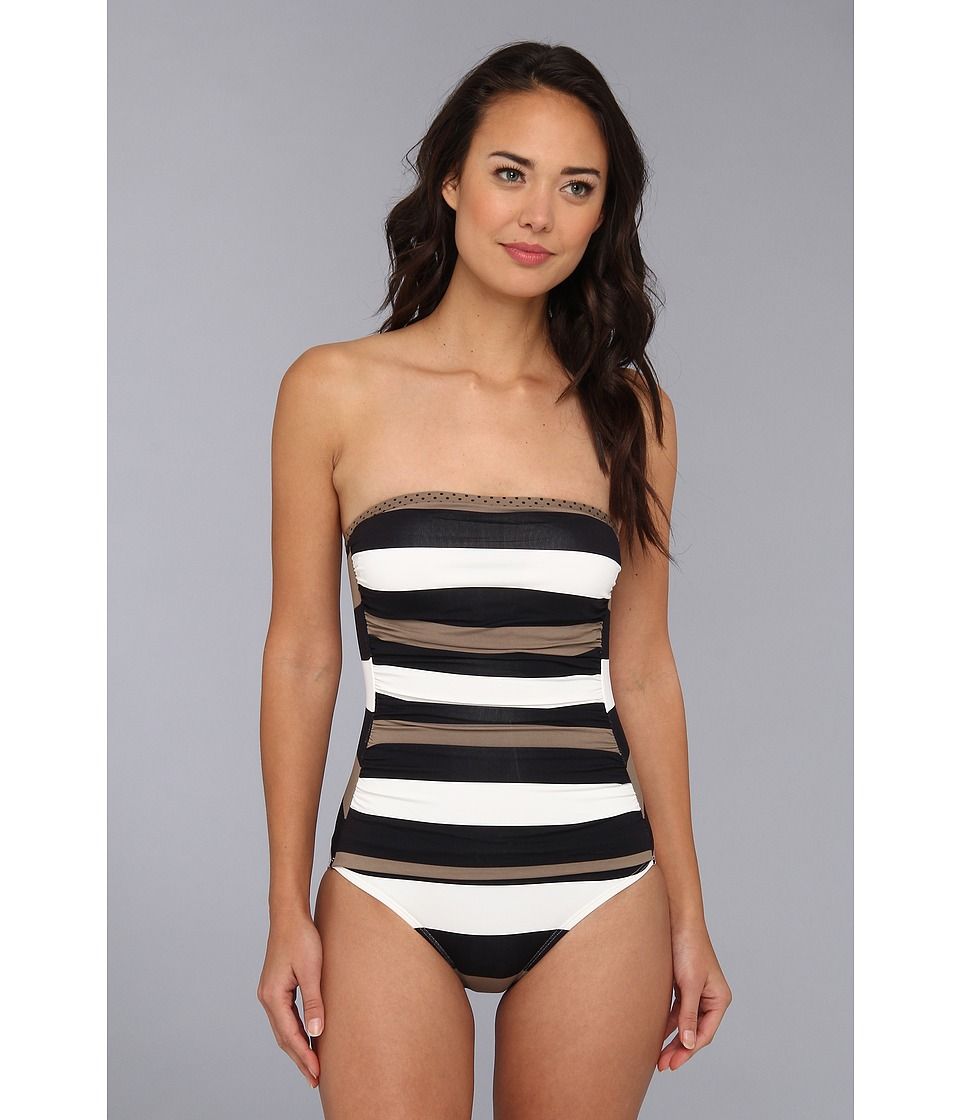 Tommy Bahama Rugby Stripe/ Dot Shirred Bandeau One-Piece (Black/Tortga/White) Women's Swimsuits One  | Zappos