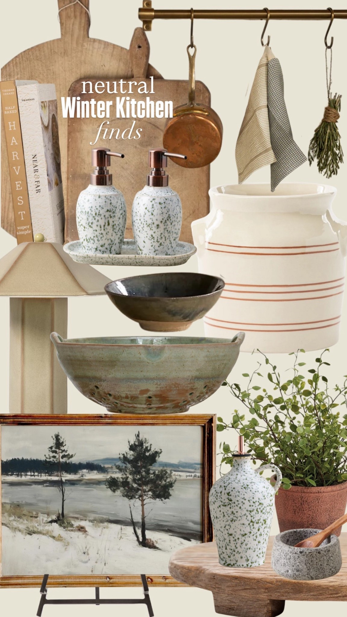 Neutral kitchen decor | winter kitchen decor  | kitchen counter decor | McGee & co | amber interiors | found bread boards | vintage bread board | utensil crock | wood riser | stoneware bowl | decorative bowl | winter art | kitchen plants 

#LTKFindsUnder50 #LTKHome #LTKFindsUnder100
