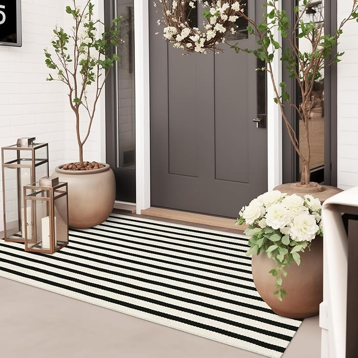 Striped Outdoor Front Door Mat 24"x51", Washable Black and White Rug Runner Cotton Hand Woven Ind... | Amazon (US)