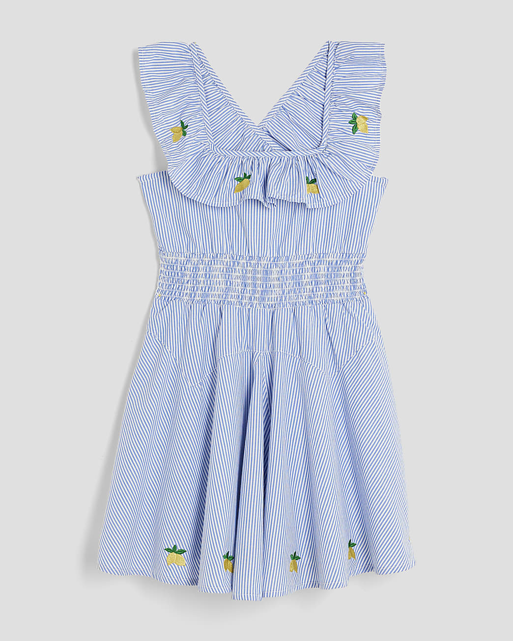 Girls Blue Stripe Embroidered Lemon Dress | River Island UK & IE