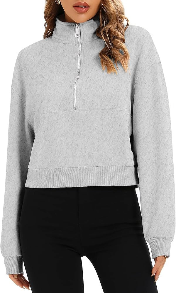Artfish Women's Pullover Cropped Hoodies Casual Fleece Lined Half Zipper Long Sleeves Sweatshirts | Amazon (US)