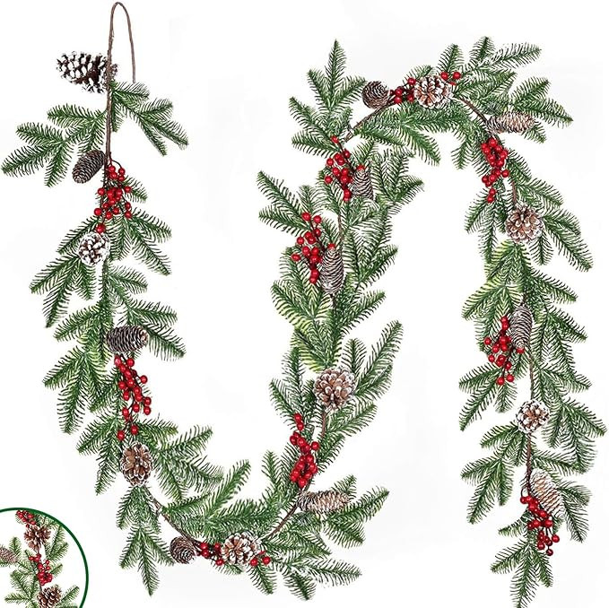 6.3FT Christmas Garland Decoration, Artificial Garland with Red Berry Branch Pine Cone, Winter Gr... | Amazon (US)