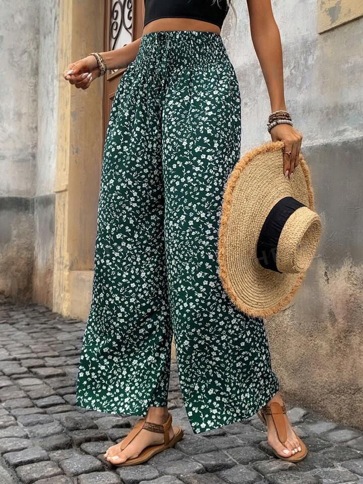 SHEIN LUNE Spring/Summer Vacation Style Casual Wide Leg Pants With Small Floral Print And Gathere... | SHEIN