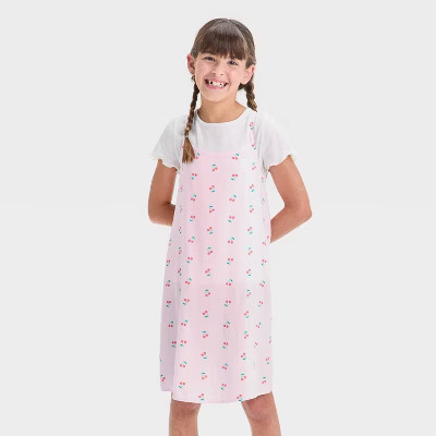Girls' Short Sleeve Top and Slip Dress - Cat & Jack™ Light Pink/Black L Plus | Target
