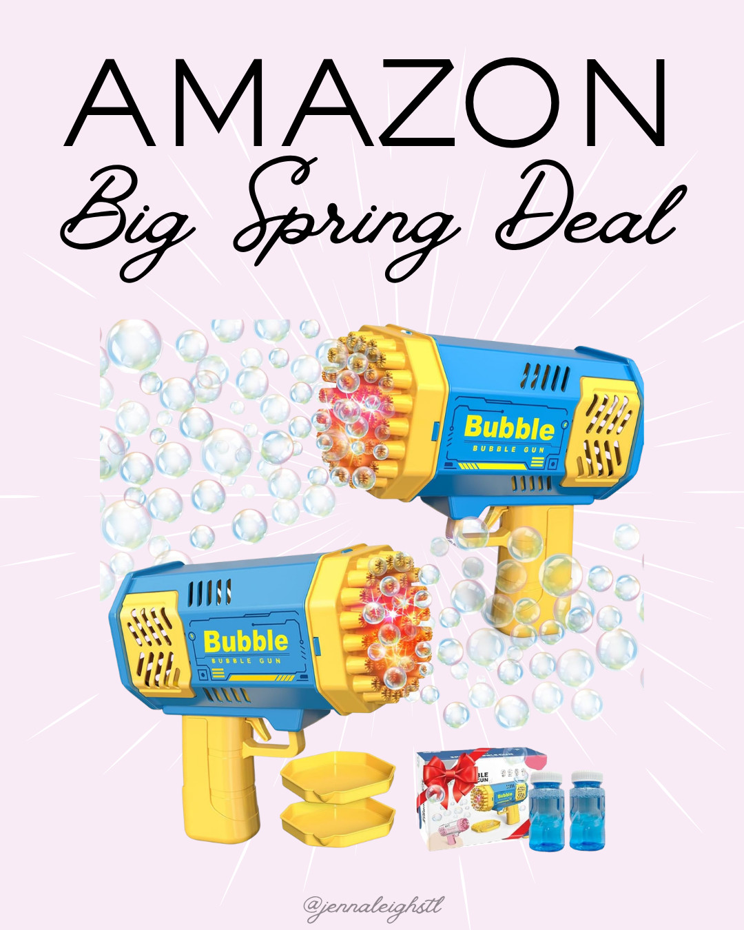 Amazon Big Spring Deal 50% off bringing this 2 pack bubble gun set down to just $9. Comes with refill solution and 40 hole light up bubble machines, making it a fun and affordable Easter basket idea. 

 #LTKmomlife #LTKSaleAlert #LTKKids