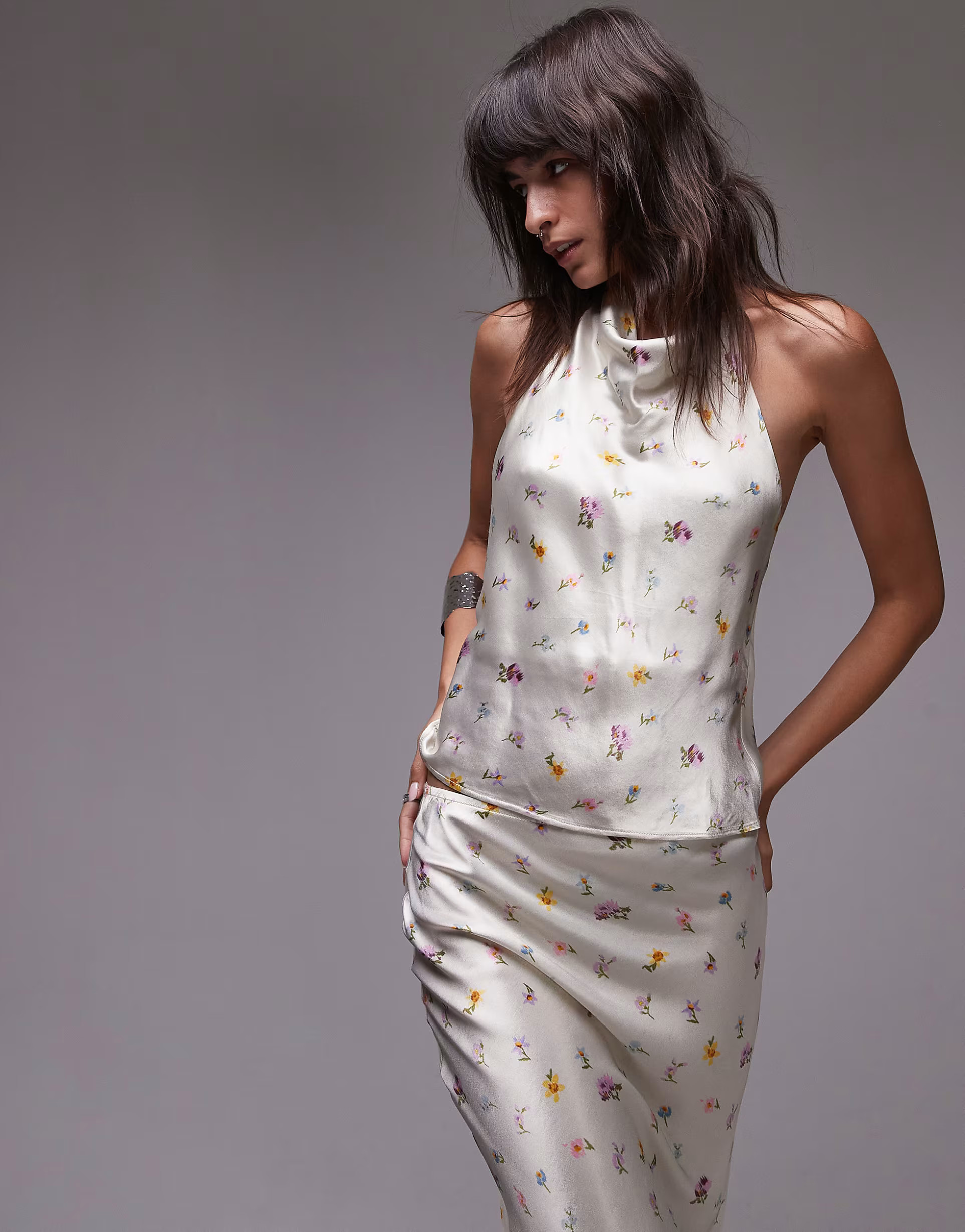 Topshop co-ord satin halter top in vintage blurred floral | ASOS (Global)