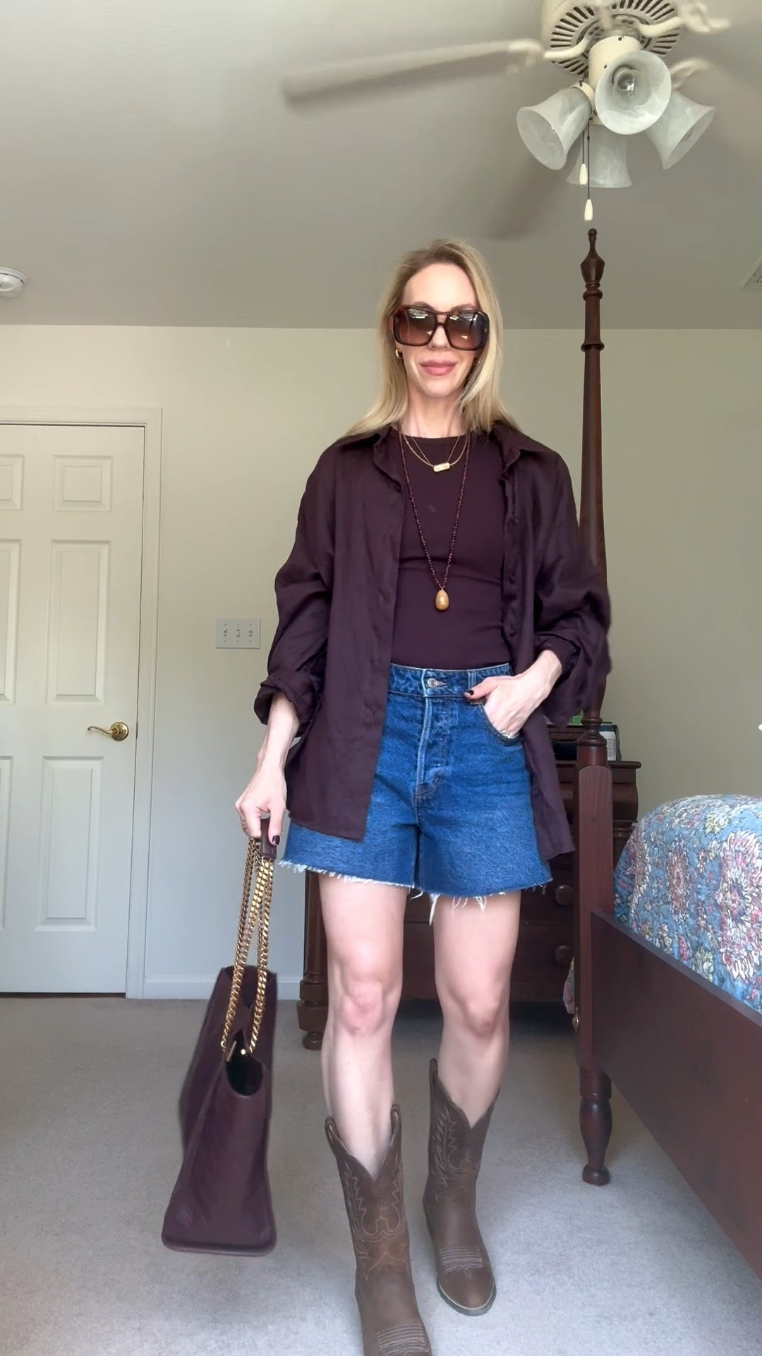 Transitional summer to fall outfit with linen shirt, tank, denim shorts and cowboy boots

#LTKSeasonal #LTKOver40 #LTKSaleAlert