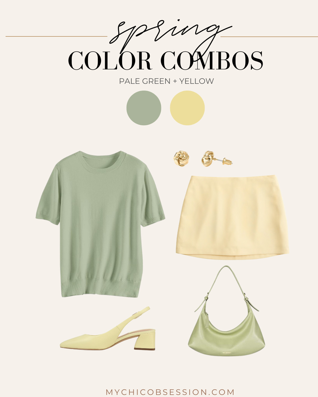 Pale green and yellow are the perfect pairing for spring outfits. Try a short-sleeved sweater in green with a yellow linen skort, a green shoulder bag, butter yellow slingback heels, and a pair of gold knot earrings. 

 #LTKSeasonal #LTKStyleTip #LTKShoeCrush