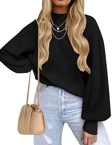 ZESICA Women's 2024 Casual Turtleneck Long Lantern Sleeve Oversized Ribbed Knit Pullover Sweater Jumper Top,Black,Large | Amazon (US)