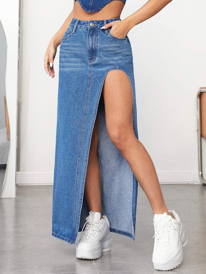 SHEIN ICON High Waist Split Thigh Denim Skirt | SHEIN