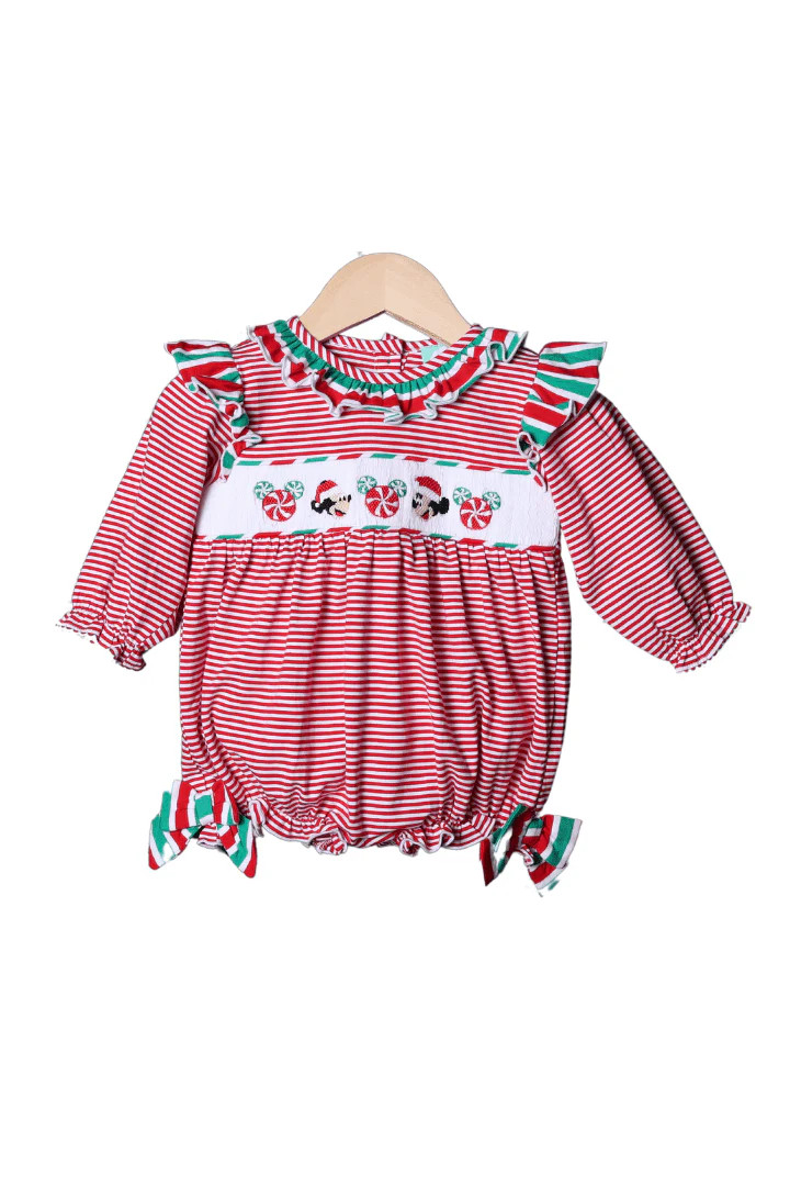 Smocked Santa Mouse Red Stripe Bow Bubble | The Smocked Flamingo