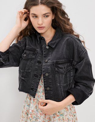 AE Black Wash Cropped Denim Jacket | American Eagle Outfitters (US & CA)