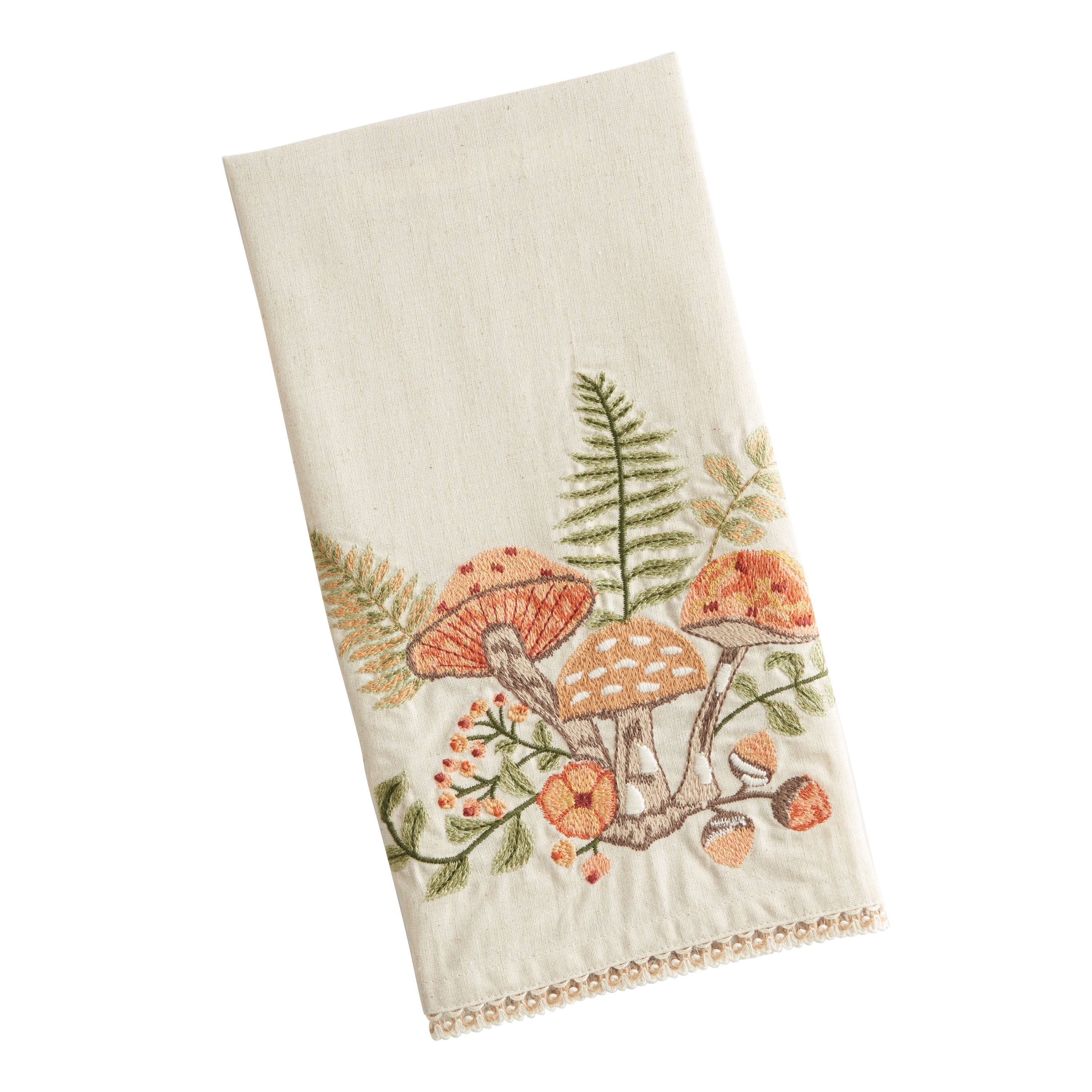 Embroidered Wildflower and Mushroom Kitchen Towel | World Market