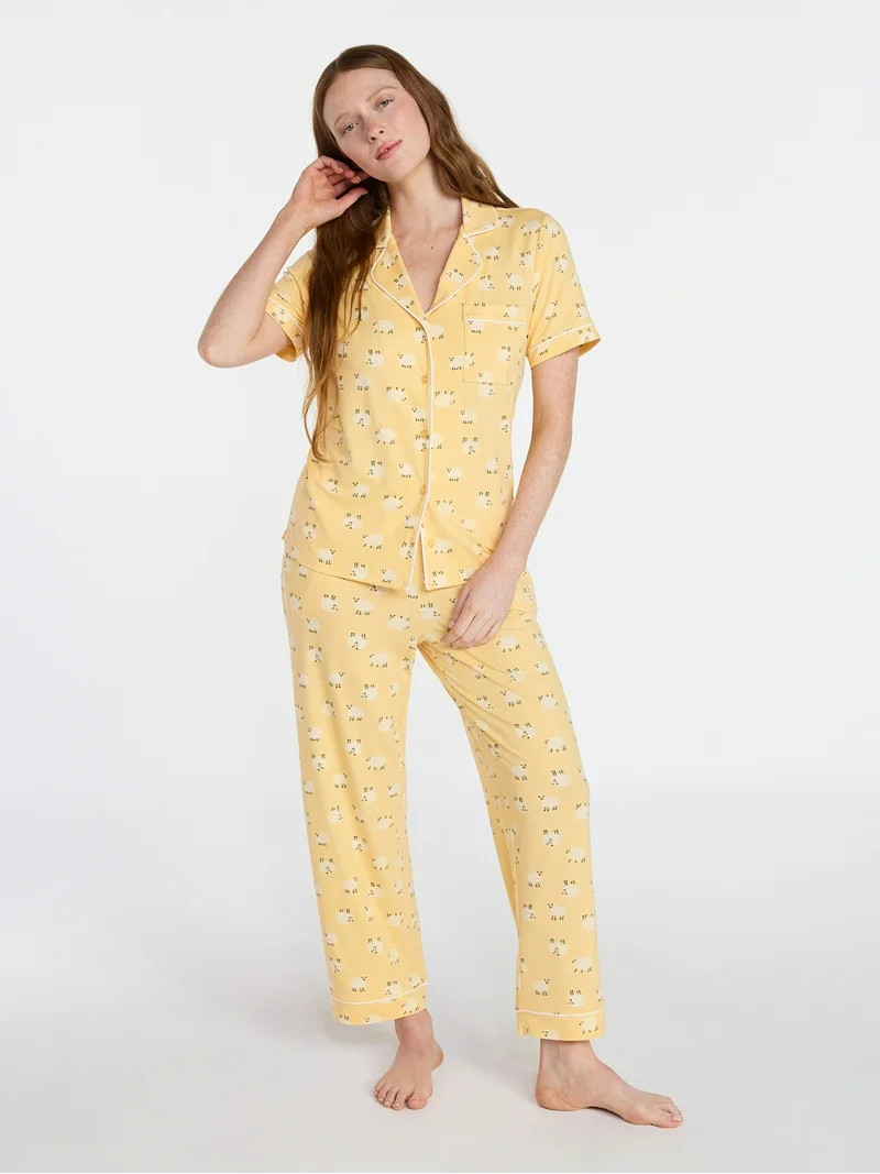 Joyspun Women's Dreamy Soft Collection Notch Knit Top and Capri Pants Pajama Set, 2-Piece, Sizes ... | Walmart (US)