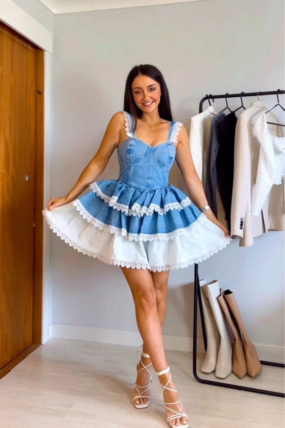 denim tiered mini dress Puff Sleeve Denim Mini Dress Denim / L