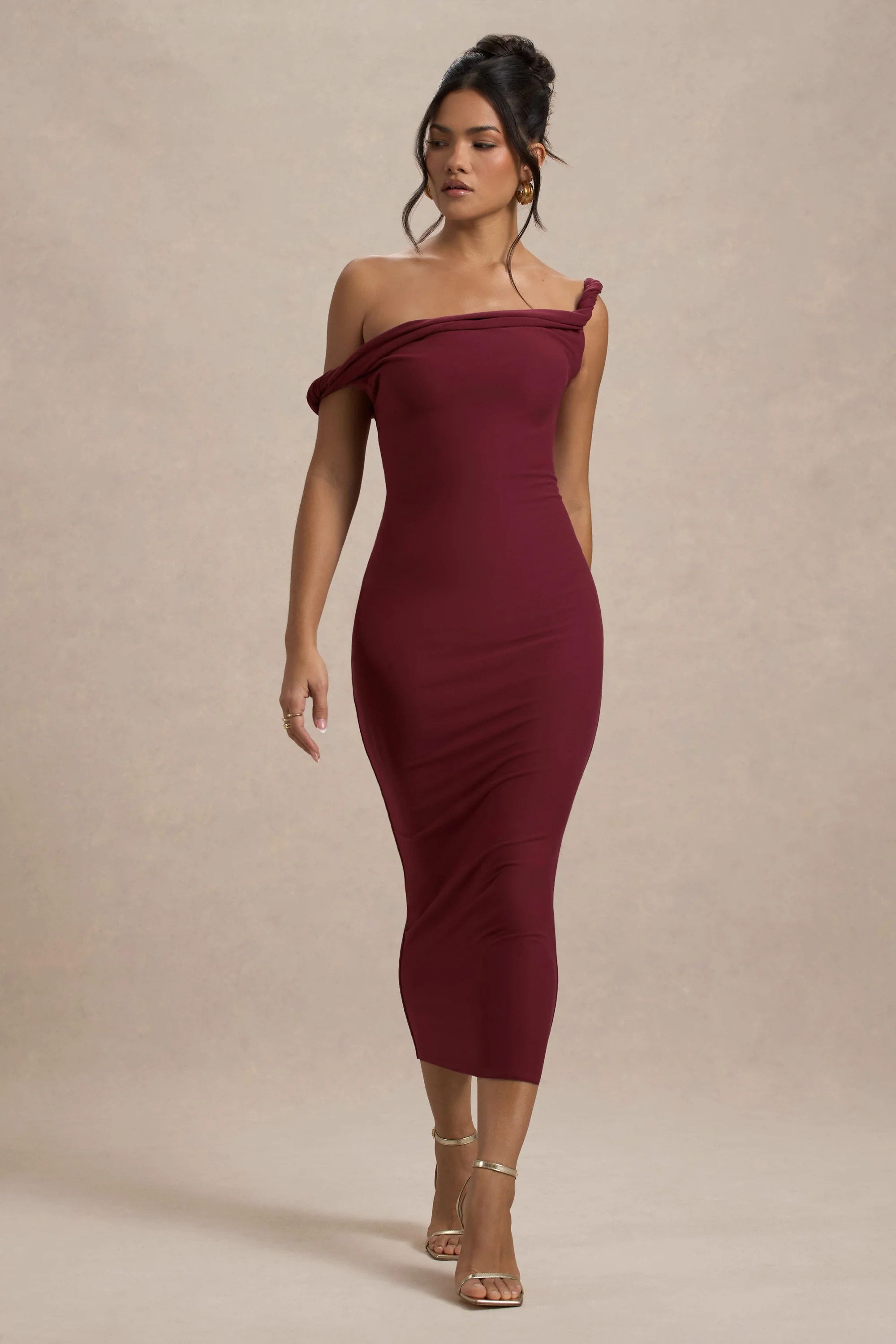 Salome | Berry Twisted Asymmetric Midi Dress | Club L London