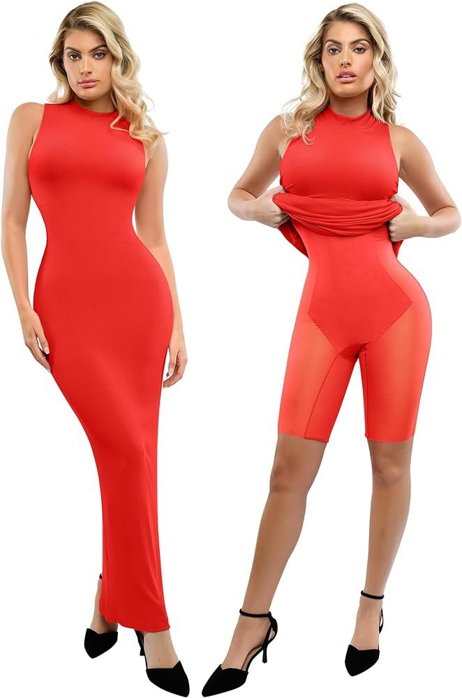 Popilush Shaper Dress Maxi Bodycon Dresses - Mock Neck Built in Shapewear Bra 9 in 1 Sleeveless C... | Amazon (US)