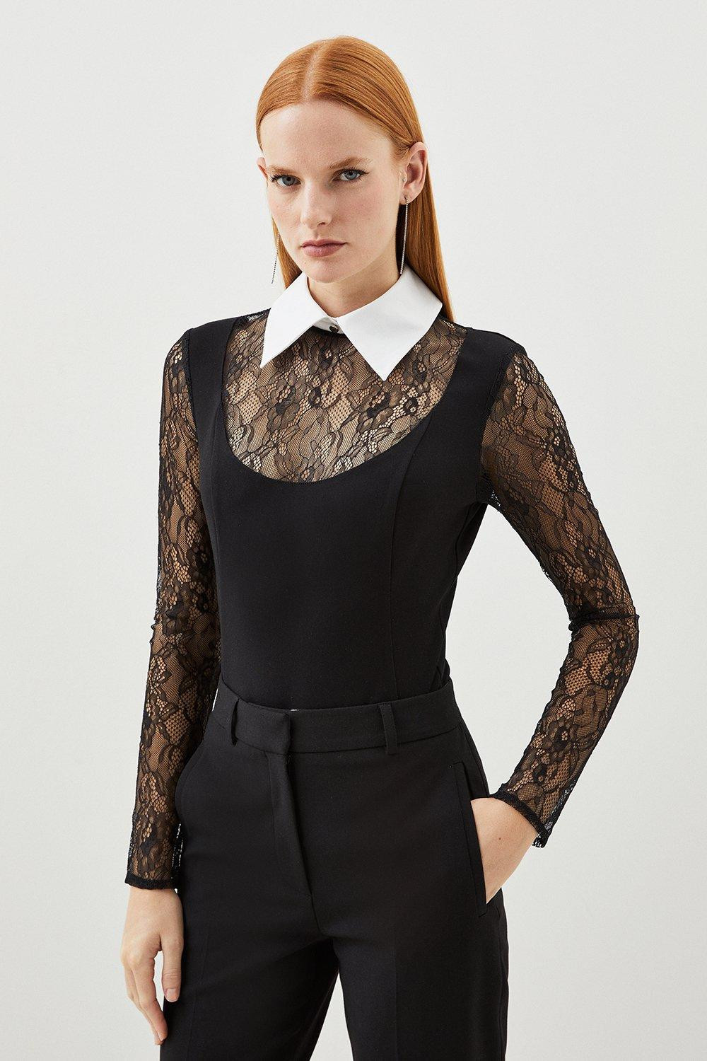 Lace Ponte Cotton Mix Jersey Bodysuit | Karen Millen UK + IE + DE + NL