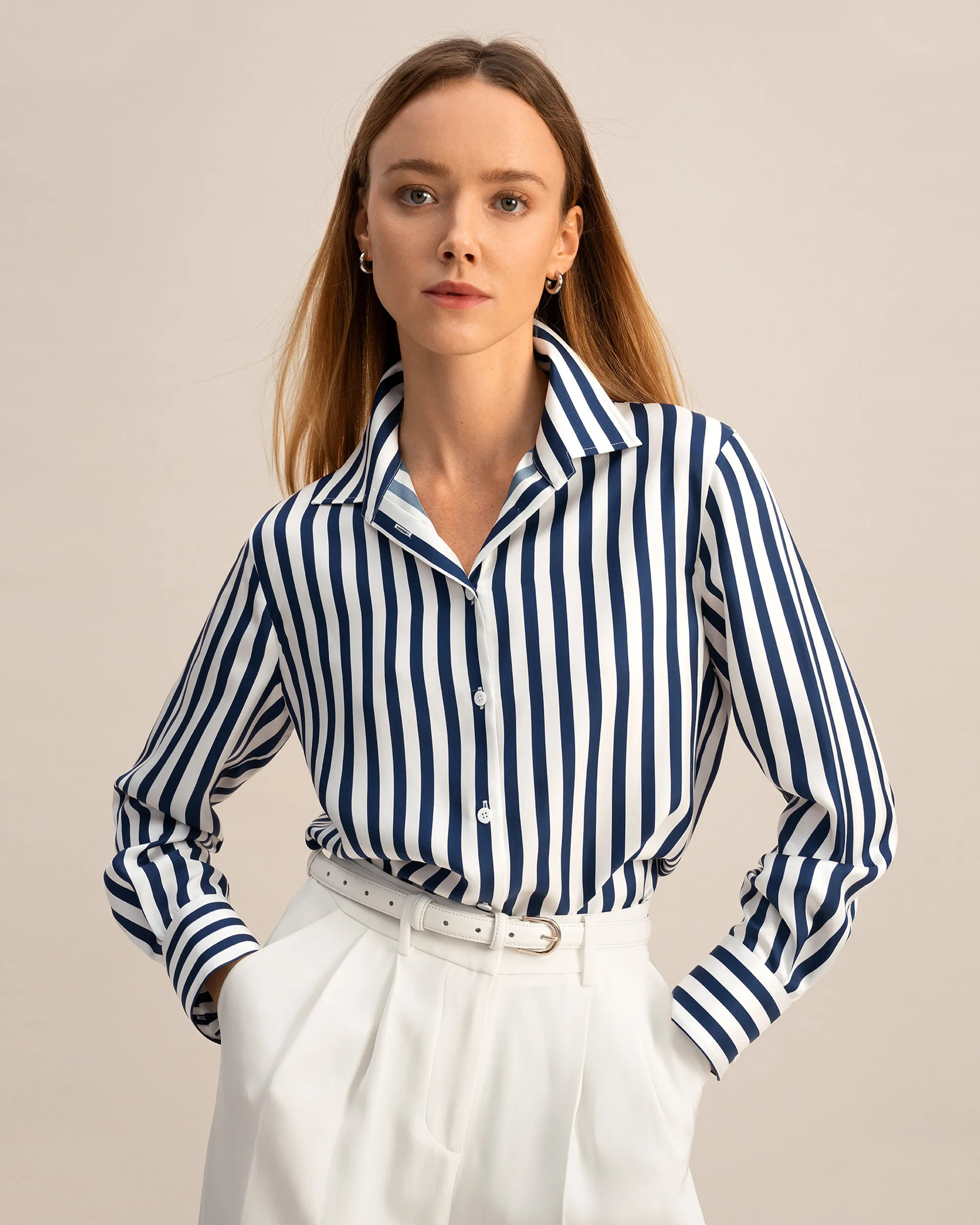 LILYSILK Silk Shirt Women Stylish Bold Striped Silk Blouse Blue-White Pinstripes XS | LILYSILK