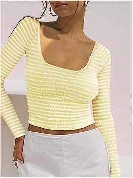 WDIRARA Women's Striped Tee Shirt Ribbed Long Sleeve Slim Fit Crop Tops | Amazon (US)