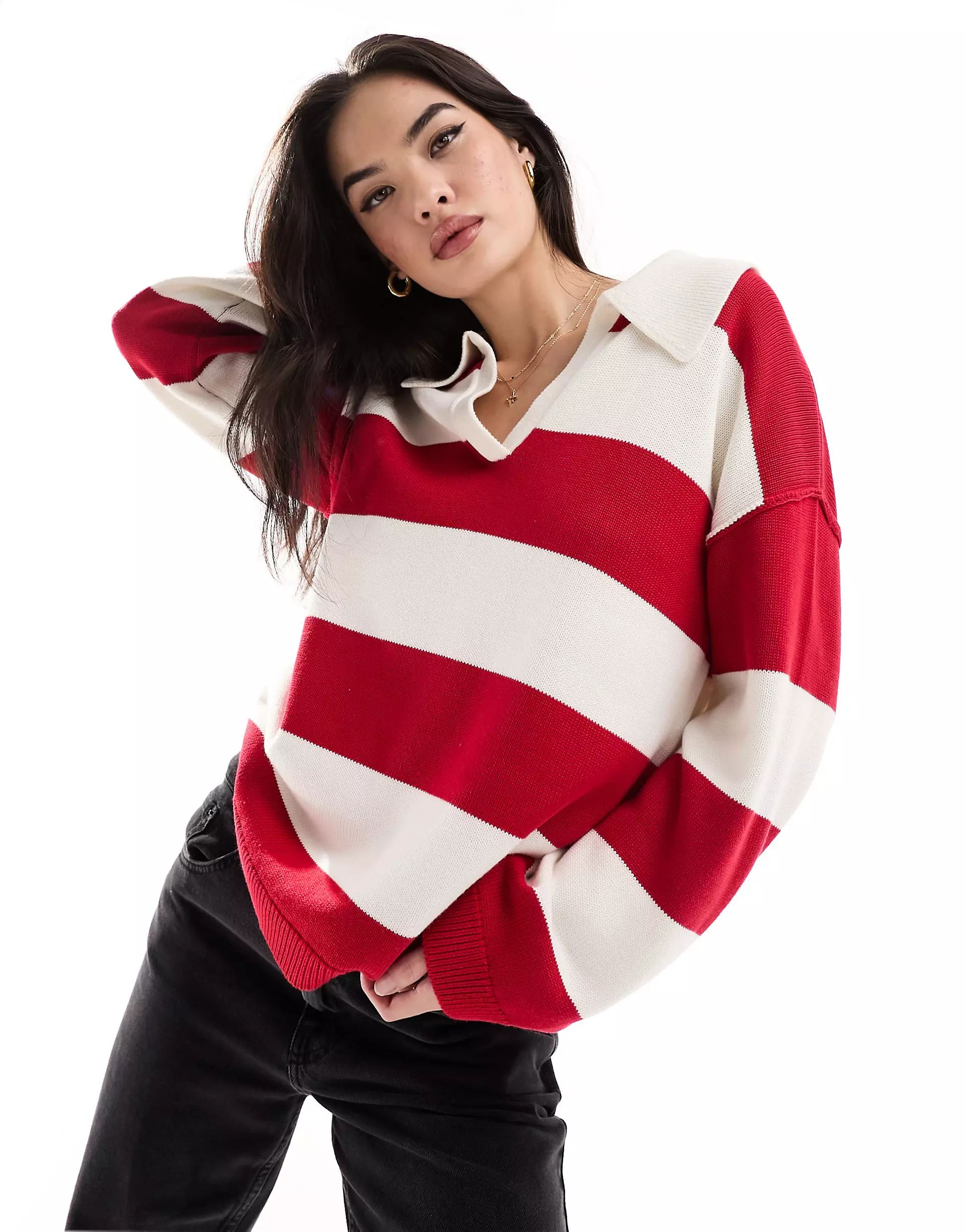 ASOS DESIGN knitted oversized rugby polo shirt in red stripe | ASOS (Global)