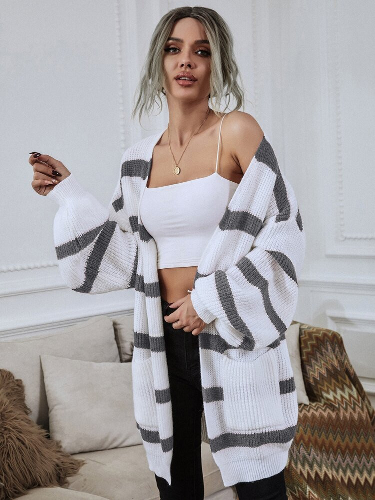 Lantern Sleeve Patch Pocket Striped Cardigan | SHEIN