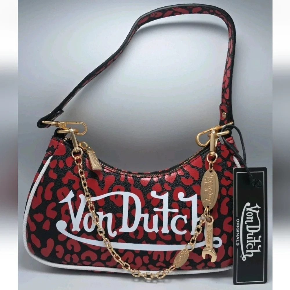 NWT Von Dutch Red Cheetah Print Shoulder Bag Logo Detachable Chain Wrench Charm | Poshmark