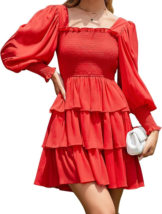 Byinns Womens Square Neck Tiered Ruffle Dress Floral Print Long Lantern Sleeve Tie Back Flowy Lay... | Amazon (US)