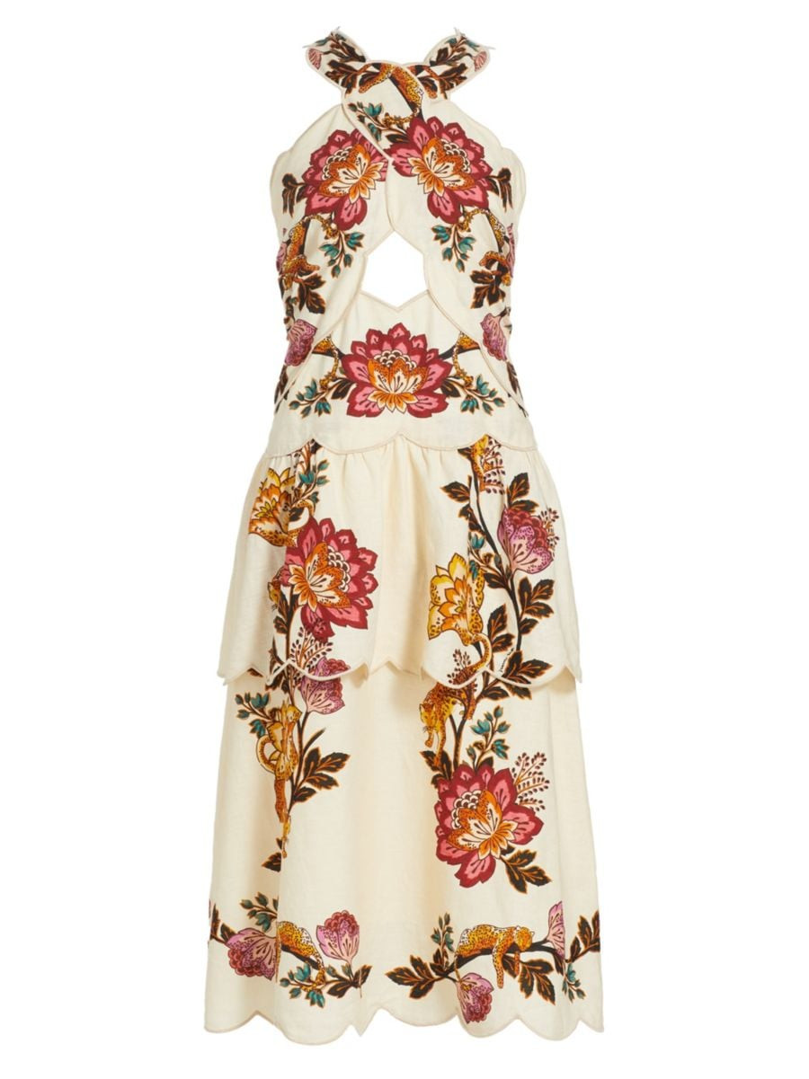 Linen-Blend Cut-Out Midi-Dress | Saks Fifth Avenue