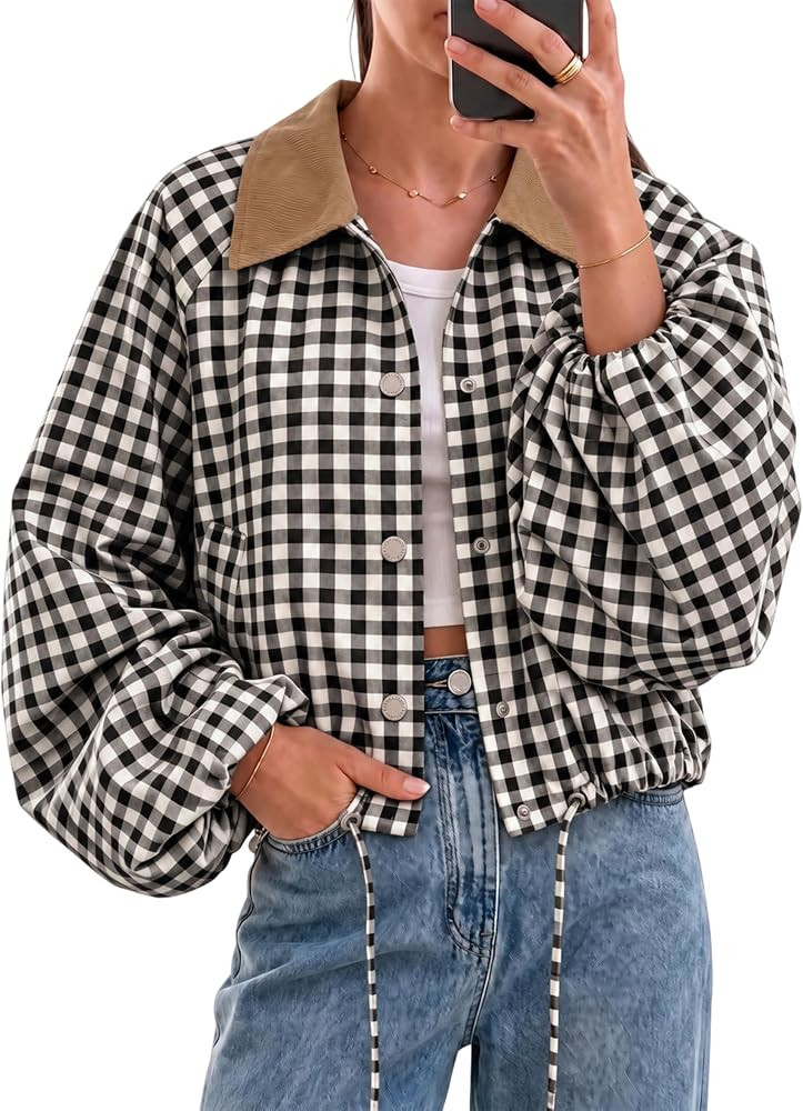UANEO Women's Cropped Jacket Gingham Plaid Corduroy Collar Bomber Jacket | Amazon (US)