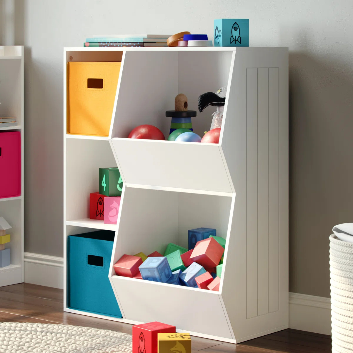 RiverRidge Kids Playroom Toy Organizer and Bookcase with 3 Cubbies and 2 Veggie Storage Bins | Wayfair North America