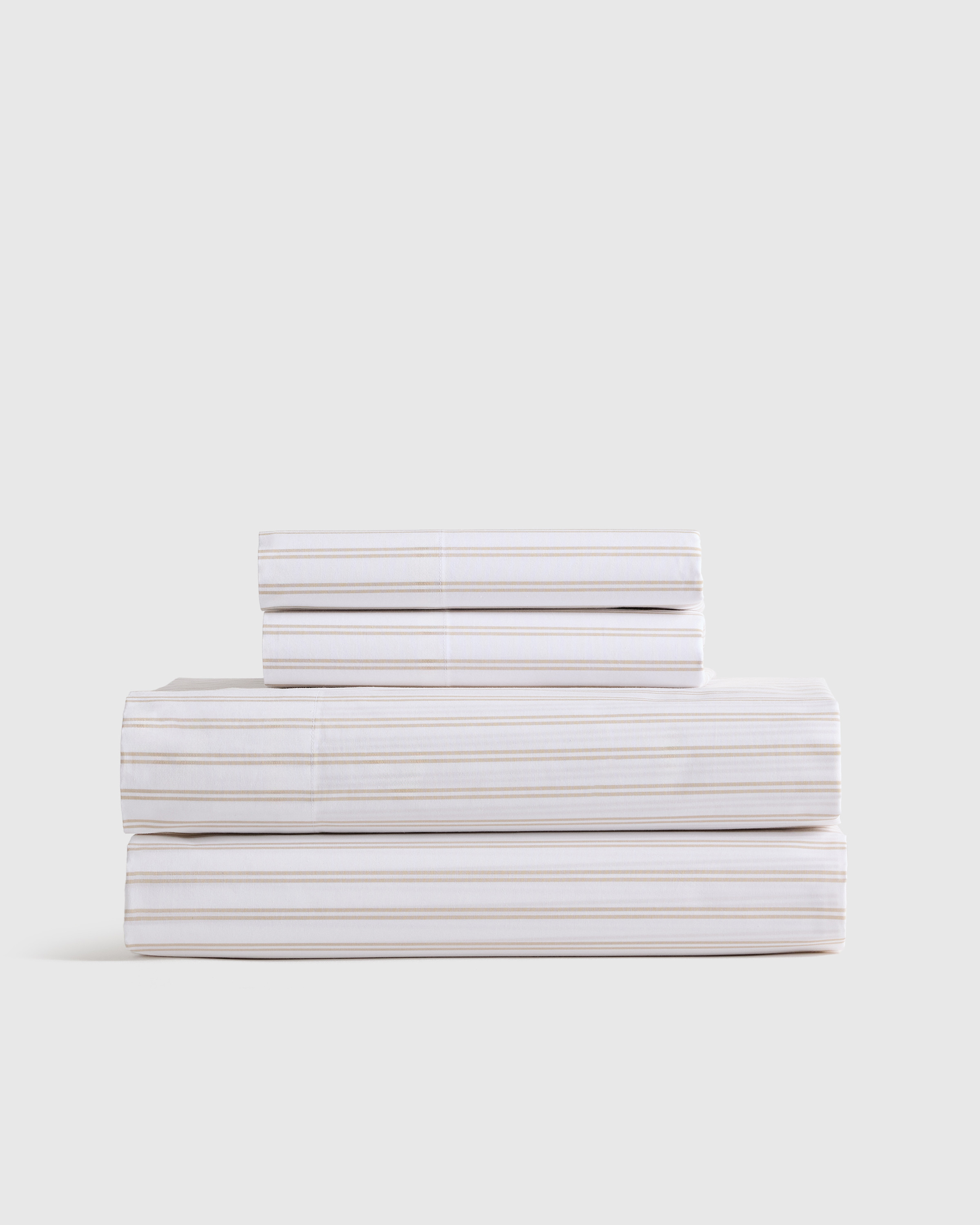 Quince | Classic Organic Percale Double Stripe Sheet Set in White/Toffee, Size King, Percale Cotton | Quince