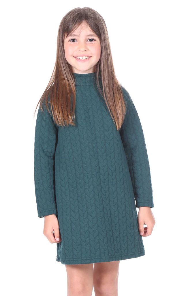 Girls Fletcher Dress in Green Cable Knit | Duffield Lane