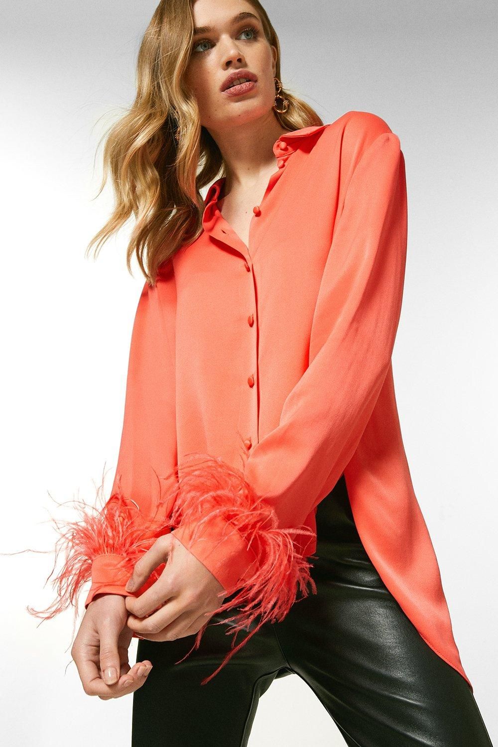 Viscose Satin Crepe Feather Cuff Shirt | Karen Millen UK & IE