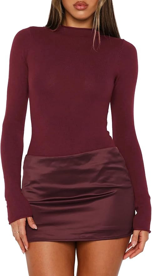 Womens Bodycon 2 Piece Mini Skirt Set Long Sleeve Mock Neck Bodysuit Top Layered Satin Mini Skirt... | Amazon (US)