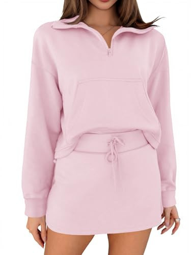 Fisoew Womens Sweatsuits 2 Piece Outfits Quarter Zip Cropped Sweatshirts Casual Mini Skorts Lounge Wear Skirts Sets | Amazon (US)