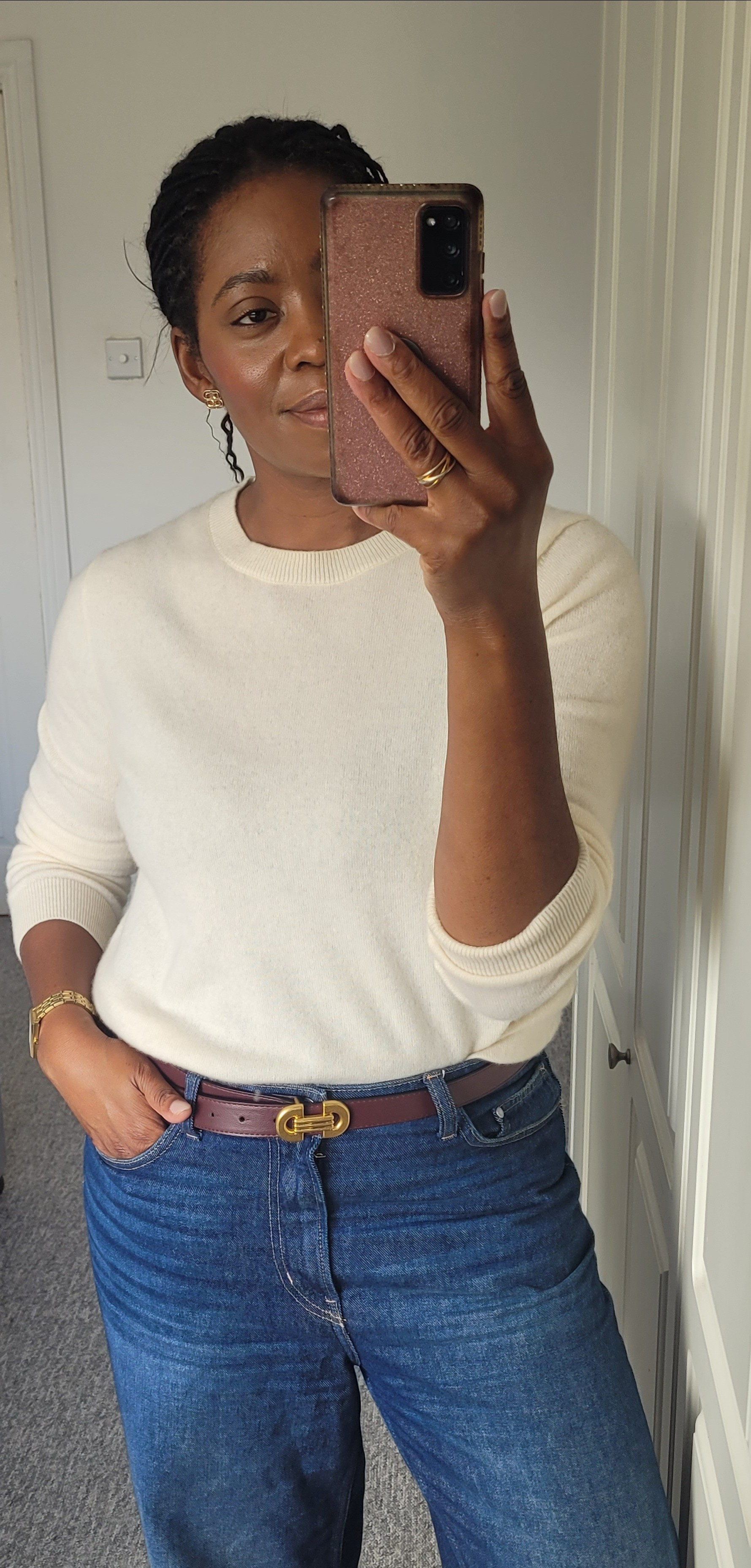 Winter outfit idea: cream cashmere jumper and dark denim jeans. A little injection of colour from burgundy belt, and of course gold jewellery!Monica Vinader, Lkbennett, Marks & Spencer, H&M#winterstyling #winteroutfits #ltkstyletip #ltkmidsize #LTKmodest 

#LTKwinter #LTKuk #LTKluxury