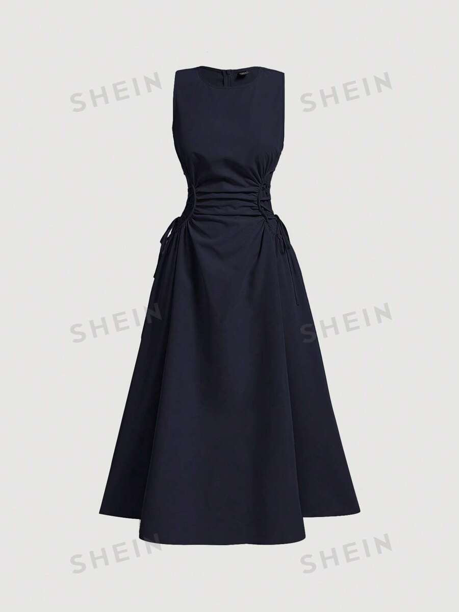 SHEIN MOD Navy Date Night Side Cross Tie Solid Pleated Long Dress,Brunch,Birthday,Back To School,... | SHEIN