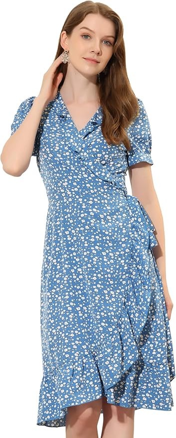 Allegra K Women's Floral Dress Ruffle V Neck Tie Short Sleeve Wrap Midi Dress | Amazon (US)
