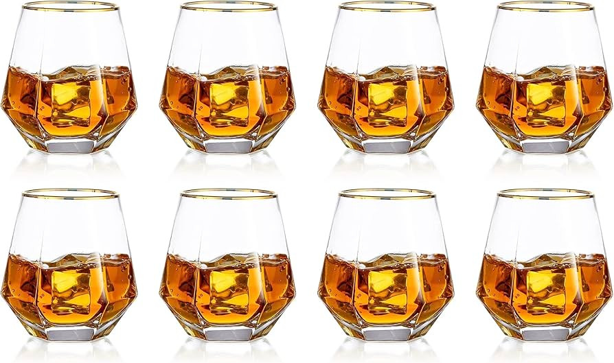 Hanobe Gold Rim Whiskey Glasses 8 Pcs Diamond Geometric Tilted Drinking Glasses Sets Stemless Wat... | Amazon (US)