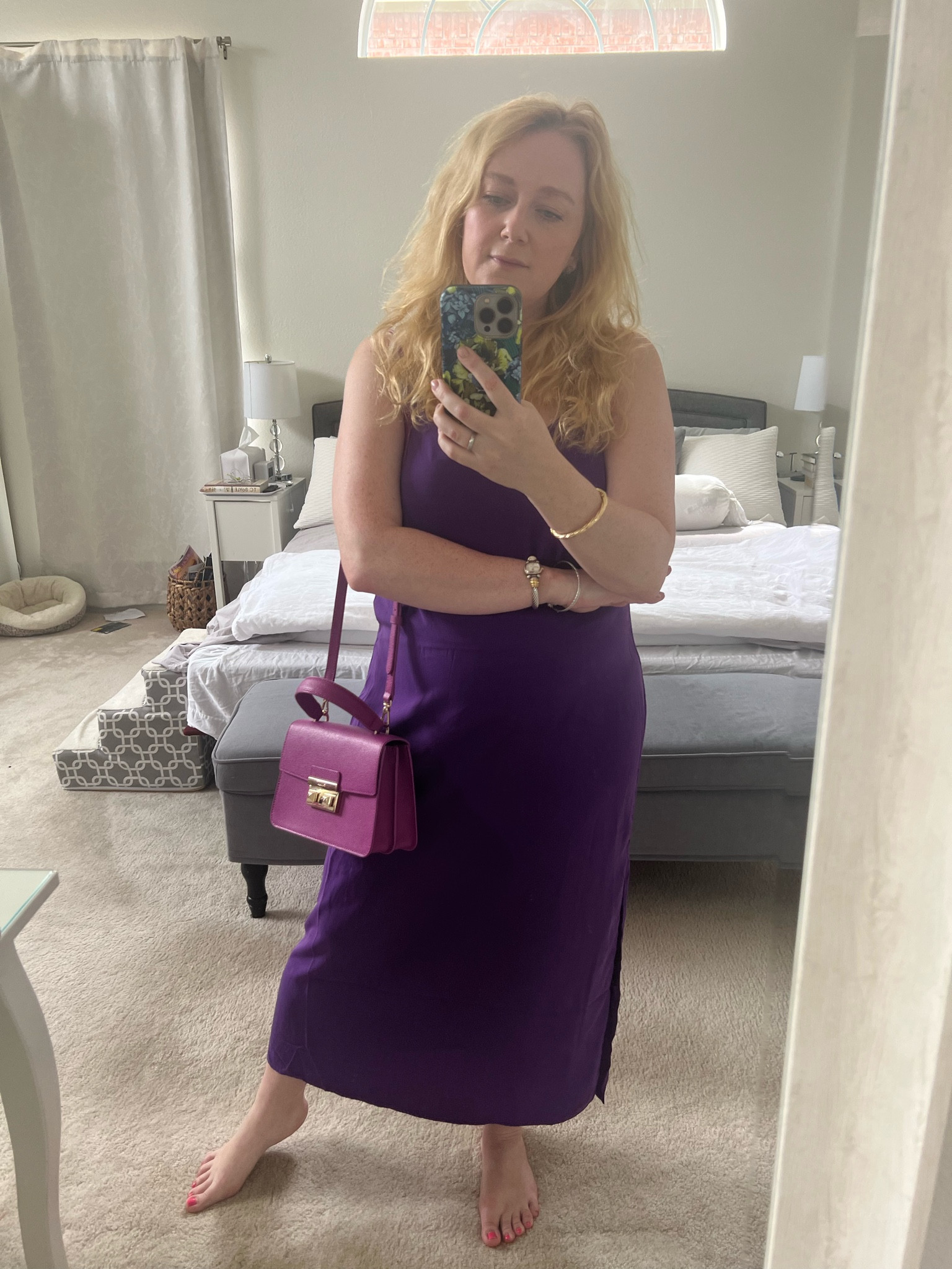 Purple midi length slip dress, great for lunch or dinner dates in the summer. I’m wearing size medium. 
Furla bag discontinued but linked similar 

#LTKunder50 #LTKSeasonal #LTKstyletip