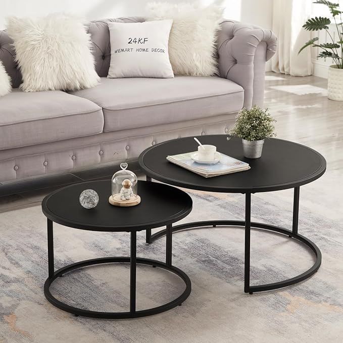 24KF Modern Faux Leather Nesting Round Coffee Table with Black Metal Base,Accent Tea Table for Li... | Amazon (US)