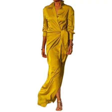 Paille Women Solid Color Kaftan Maxi Dresses Sexy Party Long Dress Slit Holiday Gold M | Walmart (US)
