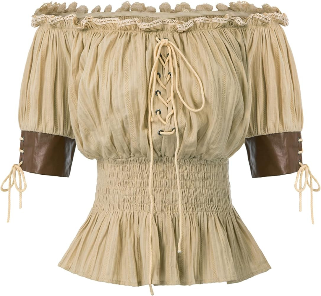 Belle Poque Women Renaissance Off Shoulder Blouse Smocked Waist Pirate Shirt Peplum Tops | Amazon (US)