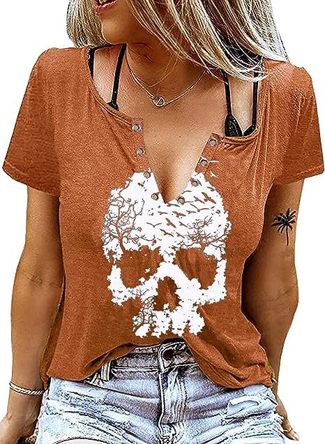 Skull Print Halloween Graphic Tees for Women Halloween Horror Movie Short Sleeve Shirt Tops | Amazon (US)