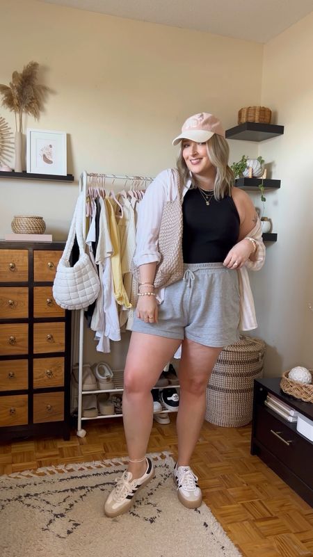 Comfy casual midsize summer outfit - basic black tank top (M), grey sweat shorts (L), striped linen button up shirt (L), baseball cap, tote bag, and adidas sambas

Errands outfit, everyday style, affordable fashion 


#LTKmidsize #LTKcanada #LTKsummer