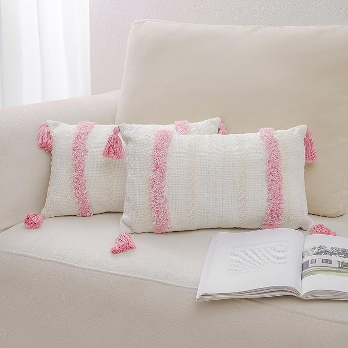 Throw Pillow Covers with Tassels Set of 2 Cotton Boho Tufted Modern Farmhouse Decorative Lumbar P... | Amazon (US)