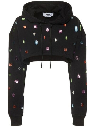 Msgm - Embellished cotton cropped hoodie - Black | Luisaviaroma | Luisaviaroma